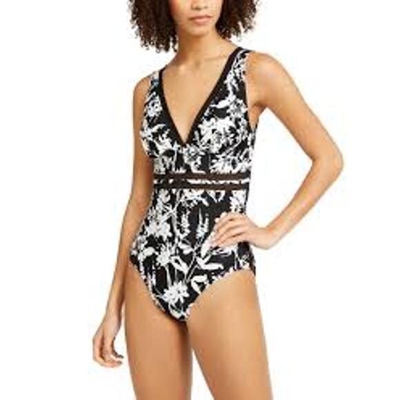 Tommy Hilfiger One Piece Swimsuit Floral Print Mesh Modest - Picture 1 of 9